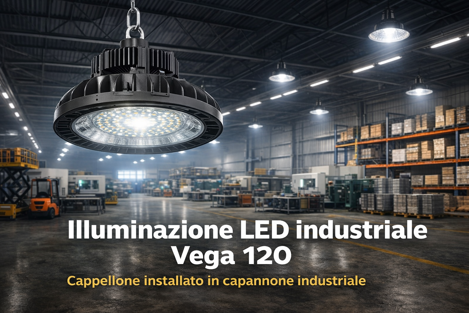 Cappellone industriale LED Vega 120 installato in capannone industriale