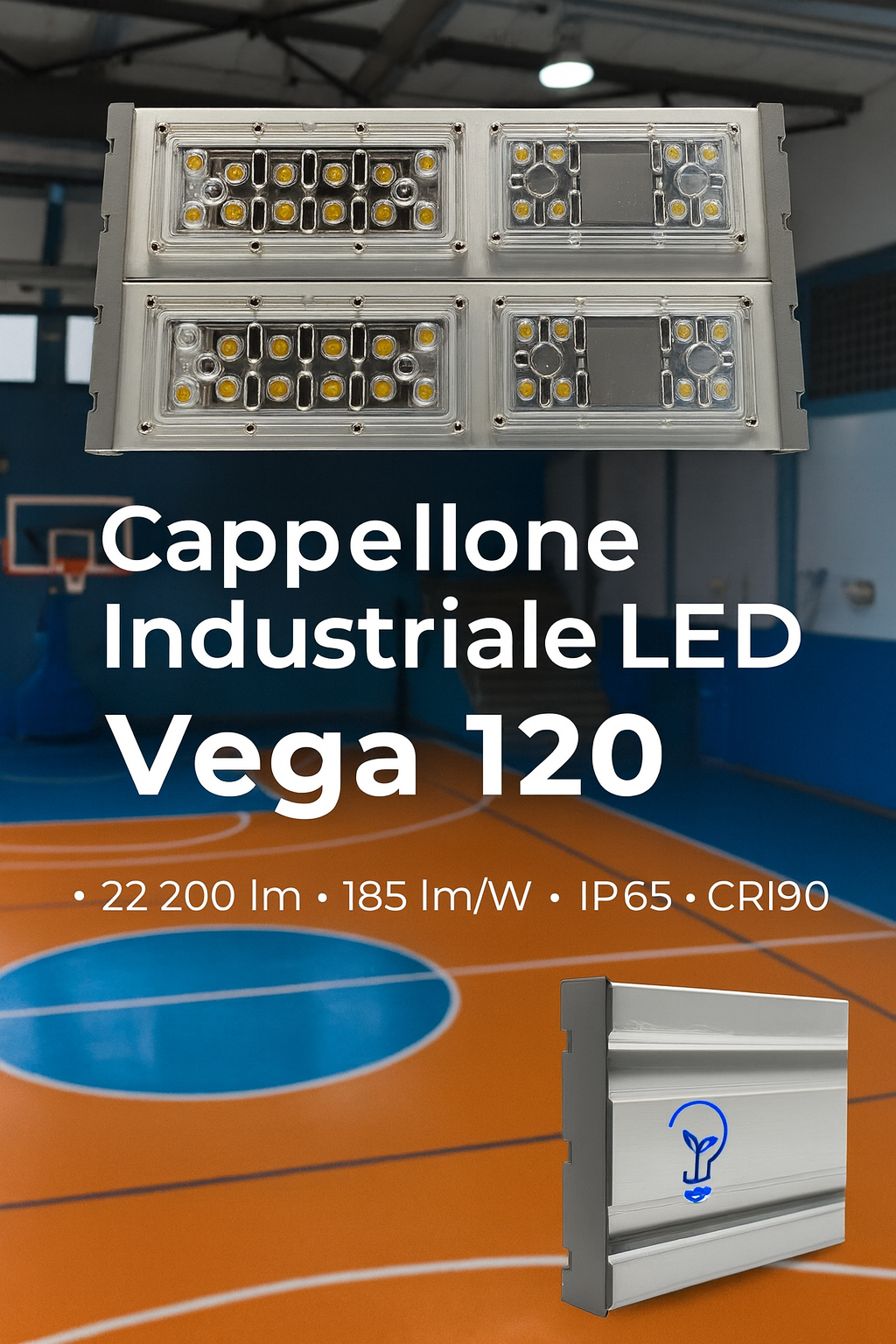 Cappellone industriale LED Vega 120 installato in capannone industriale