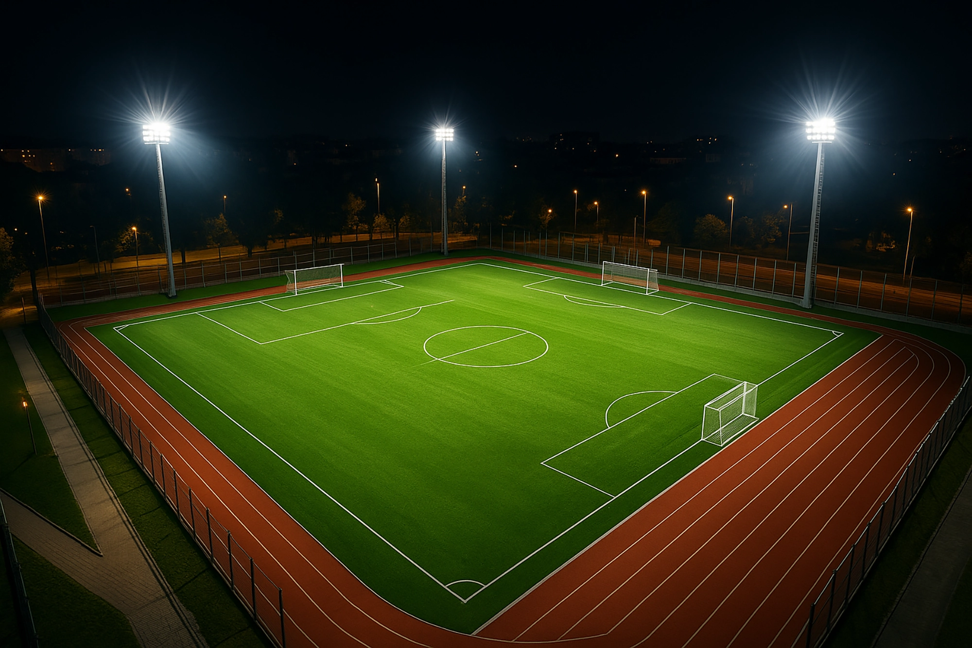 Campo da calcio illuminato con fari LED industriali di notte