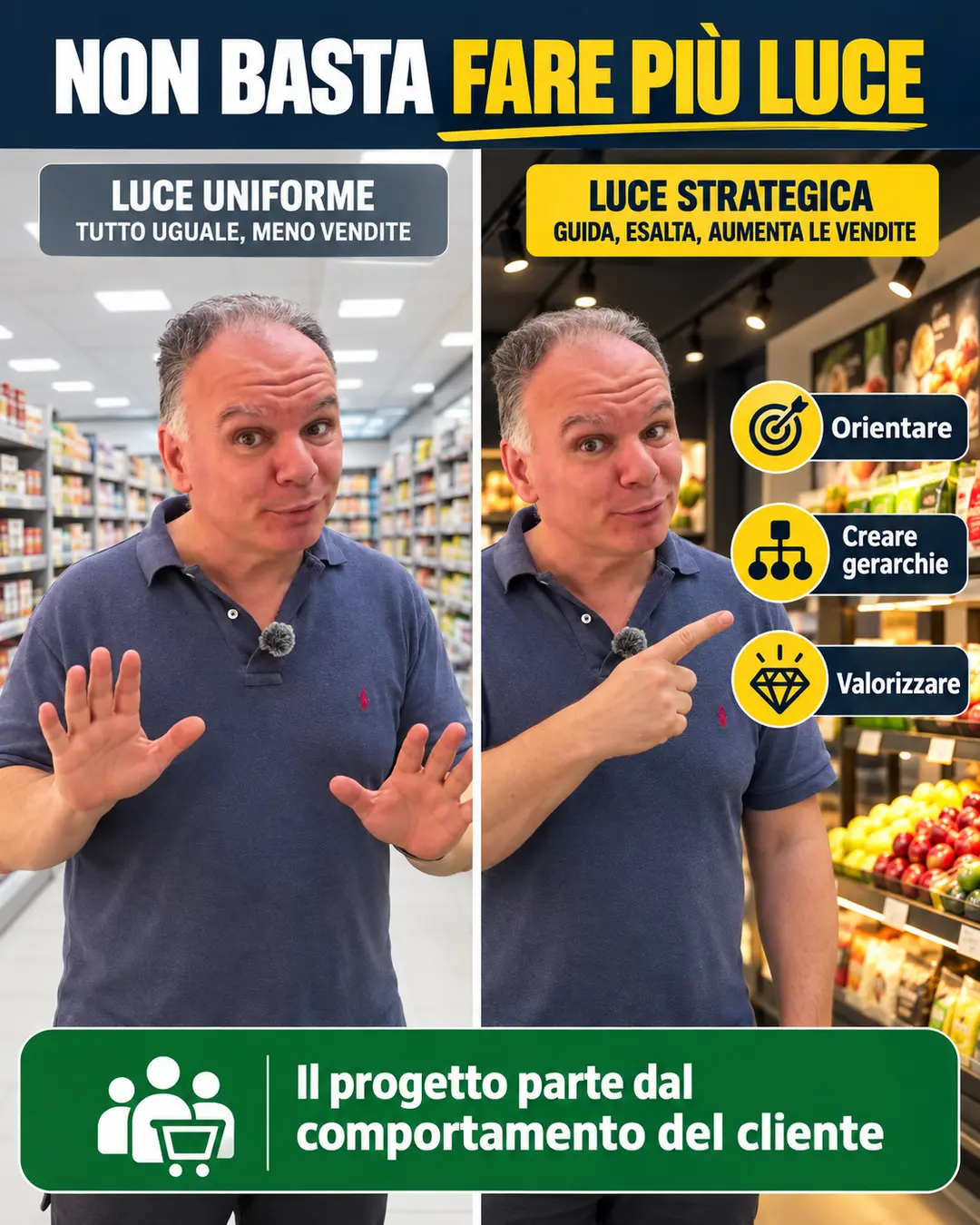 Confronto tra luce uniforme e progetto illuminotecnico strategico