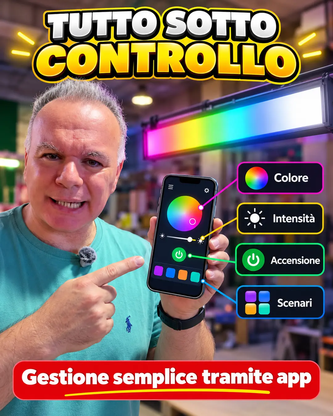 Controllo della barra LED RGBW tramite app per colore intensità accensione e scenari