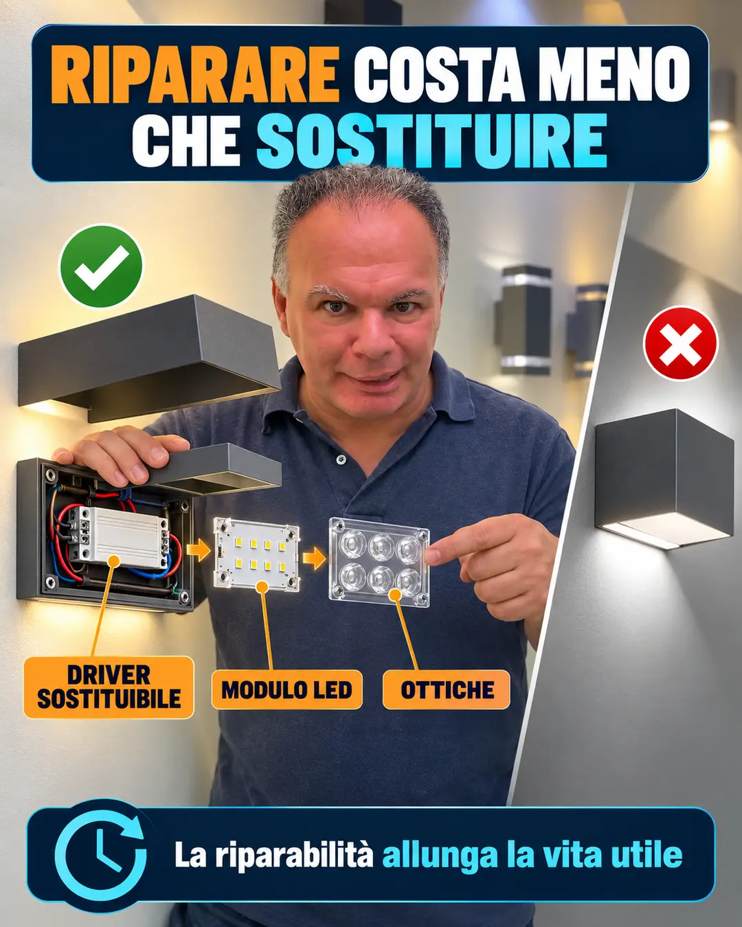 Lampada LED riparabile con driver, modulo LED e ottiche sostituibili