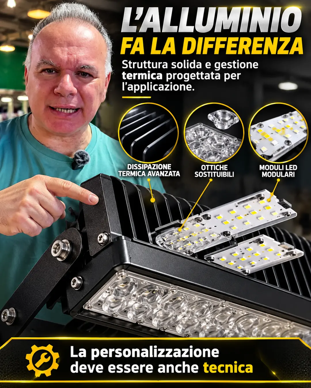 Struttura in alluminio ottiche e gestione termica della barra LED