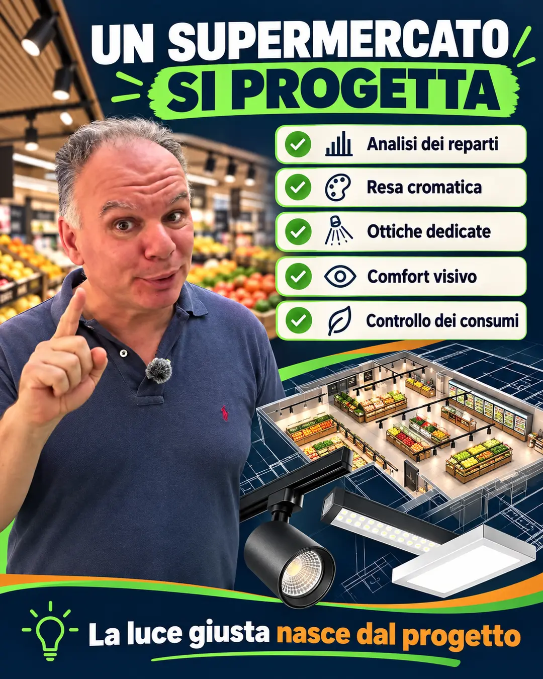 Progetto illuminotecnico professionale per supermercato