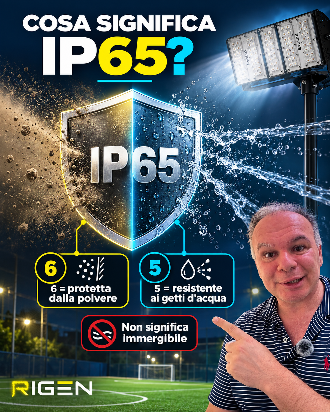 Infografica IP65: protezione completa dalla polvere e resistenza ai getti d’acqua