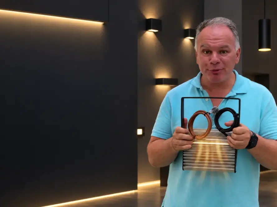 Fabio di RIGEN mostra una lampada LED professionale spiegando gli effetti del calore