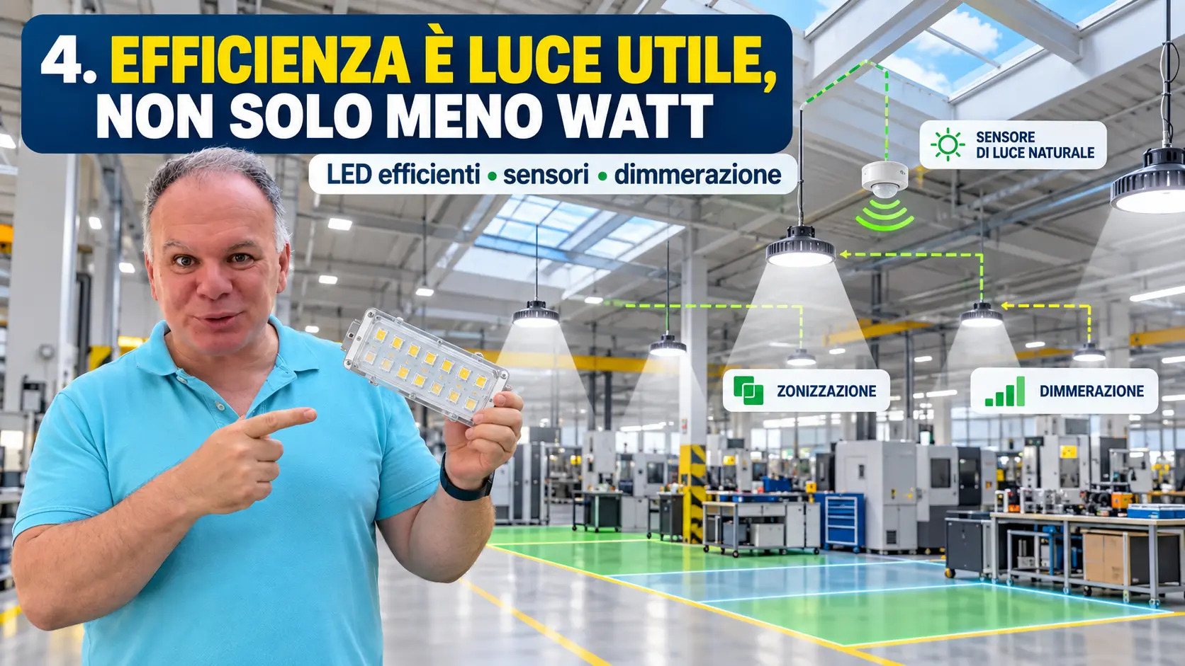 Efficienza LED con sensori zonizzazione e dimmerazione