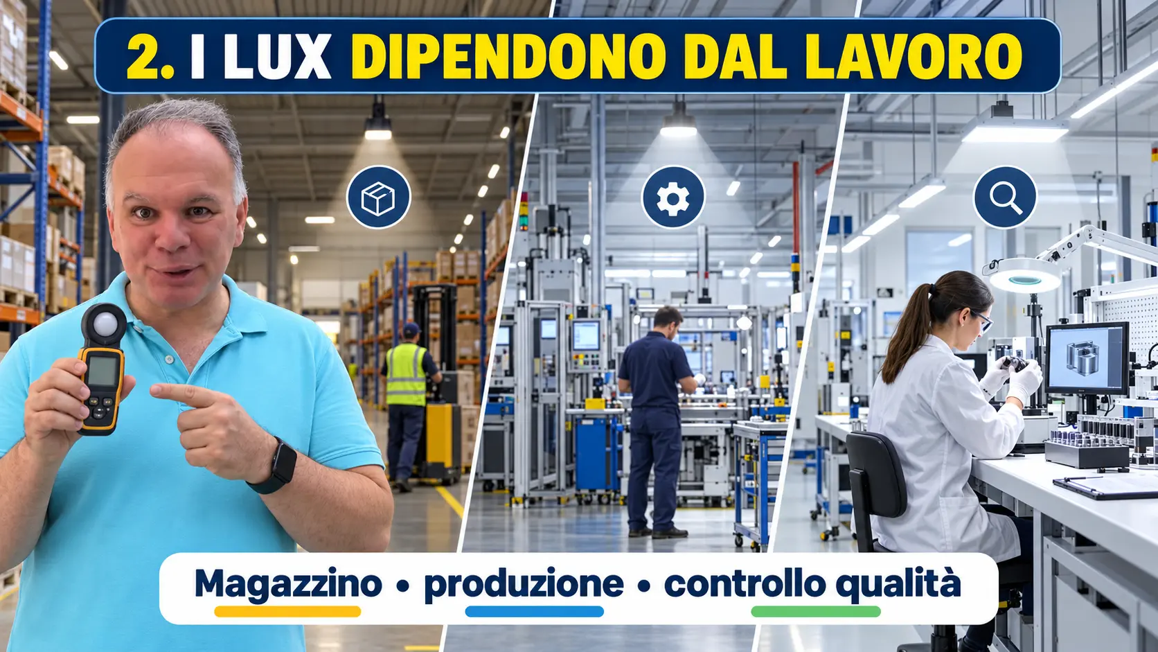 Lux differenti per magazzino produzione e controllo qualità