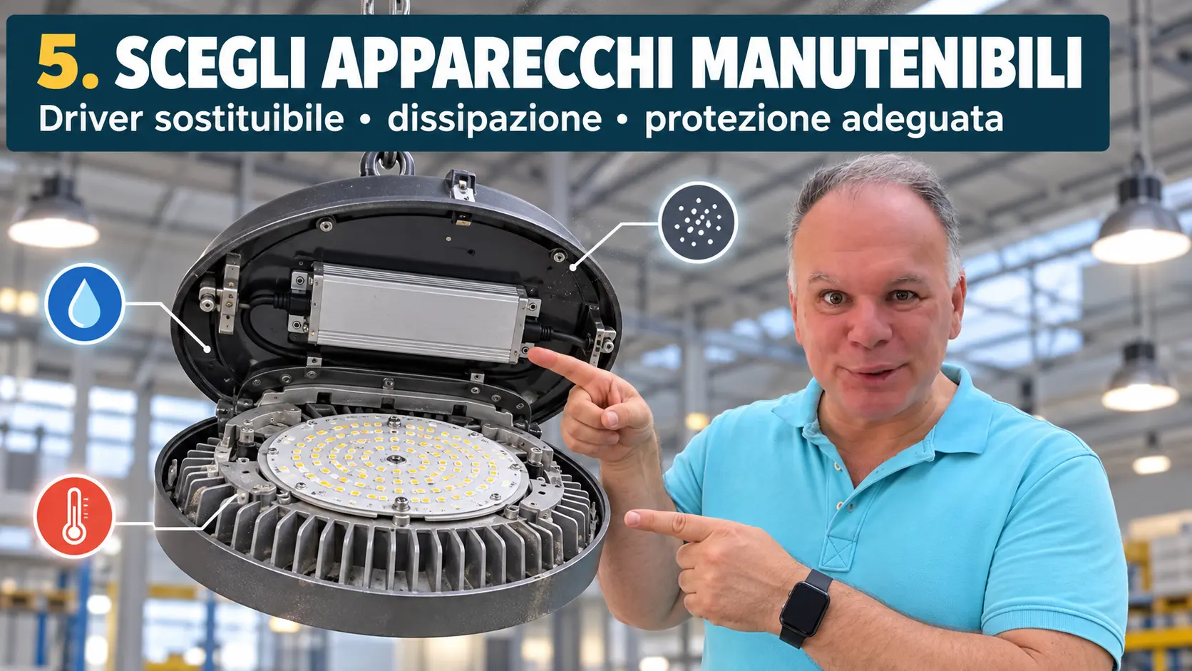 Apparecchio LED industriale manutenibile con driver sostituibile