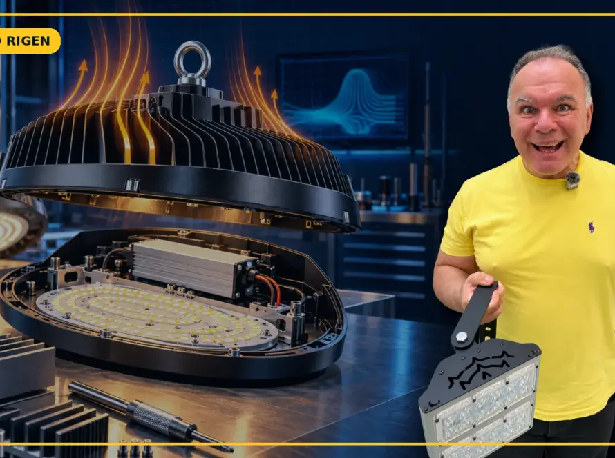 Fabio Locorotondo con una lampada LED e un dissipatore in alluminio