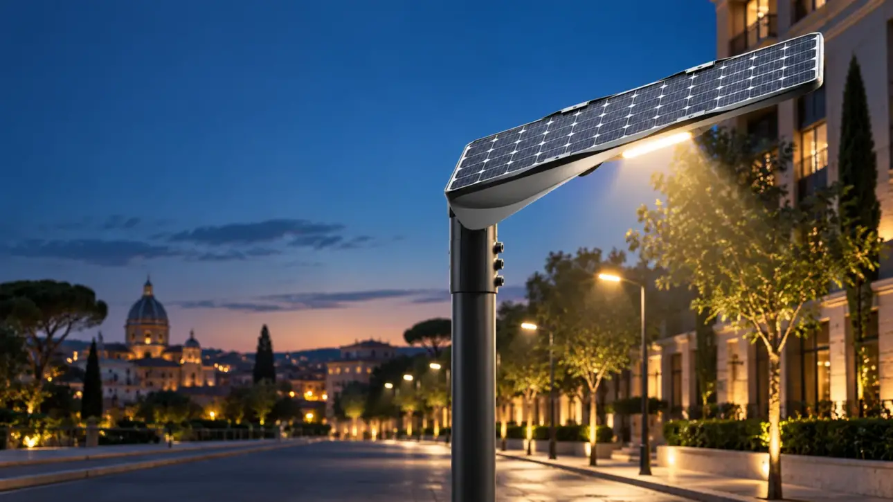 Armatura stradale ibrida TL HYBRID Solar al tramonto