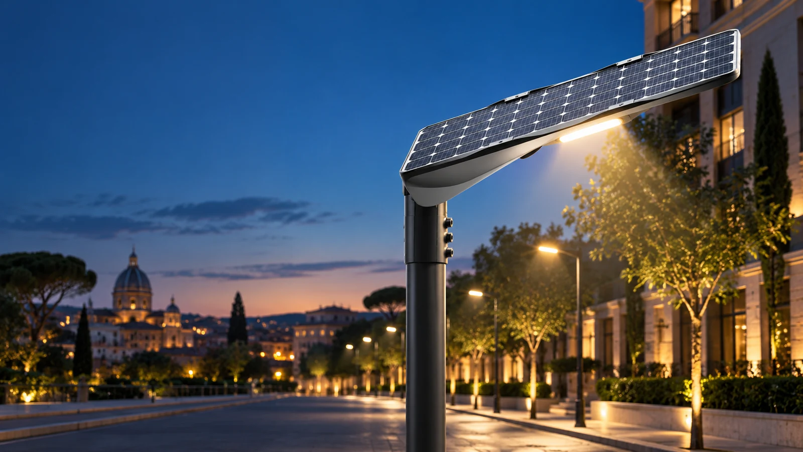 Armatura stradale ibrida TL HYBRID Solar accesa al tramonto