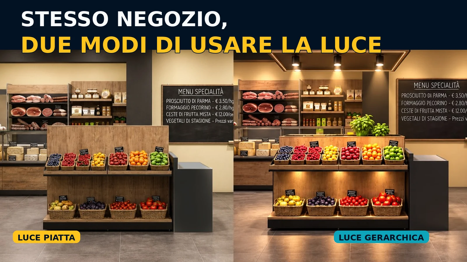 Confronto prima e dopo dell’illuminazione del negozio di frutta