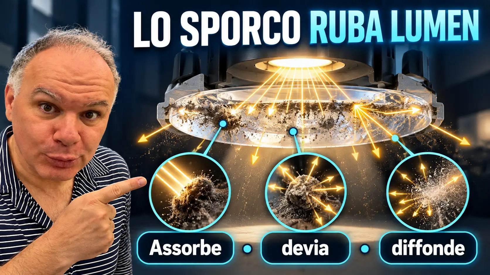 Lo sporco sulle ottiche assorbe devia e diffonde la luce LED
