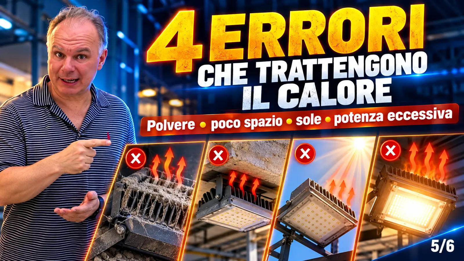 Polvere poco spazio sole e potenza eccessiva trattengono il calore nelle lampade LED