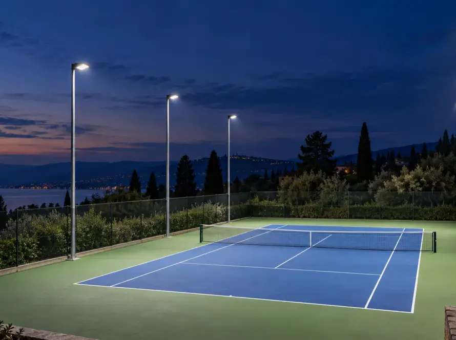 Illustrazione di un campo da tennis illuminato da proiettori LED su pali laterali
