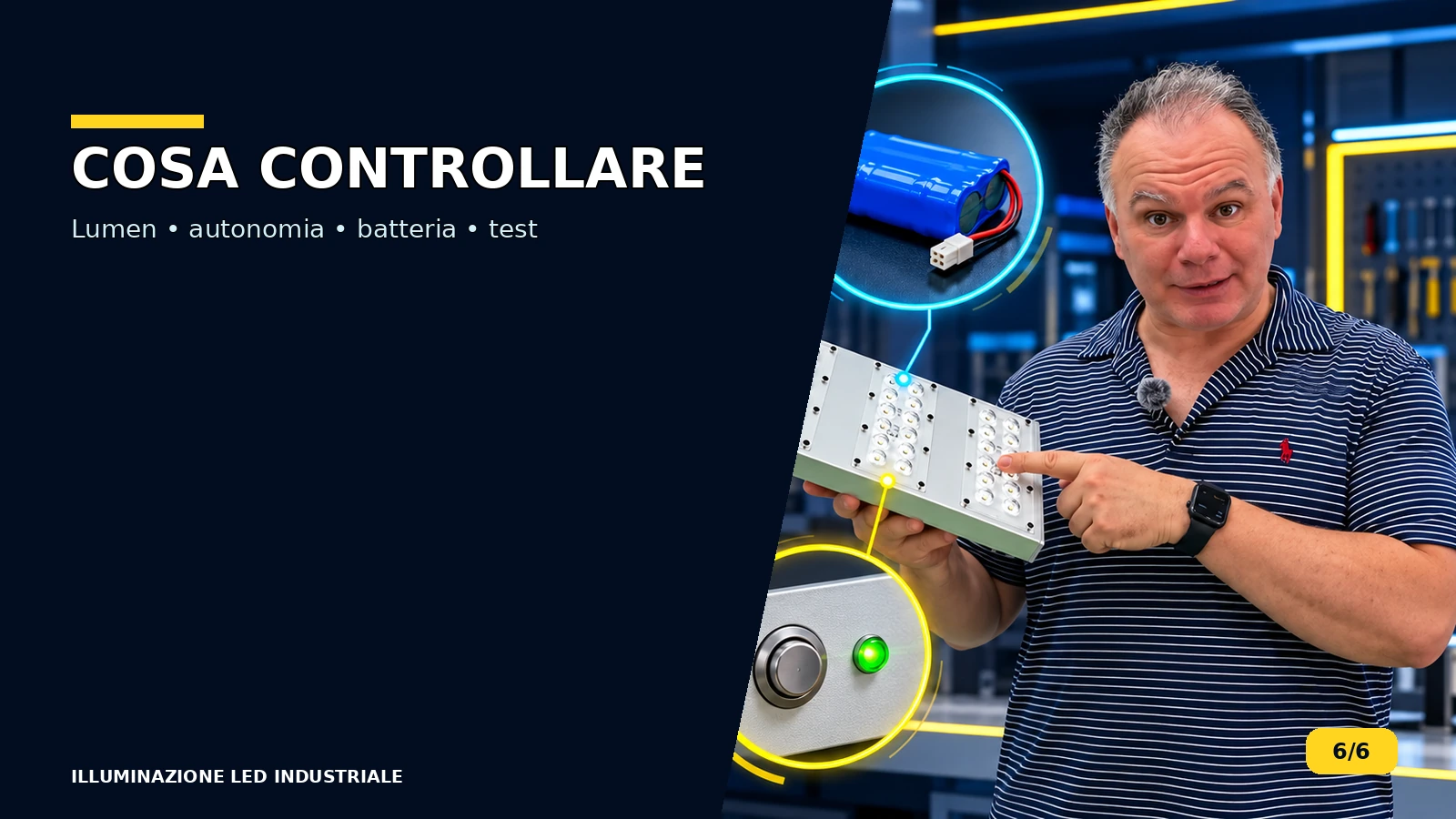Dati da controllare nelle lampade LED con emergenza: lumen autonomia batteria e test