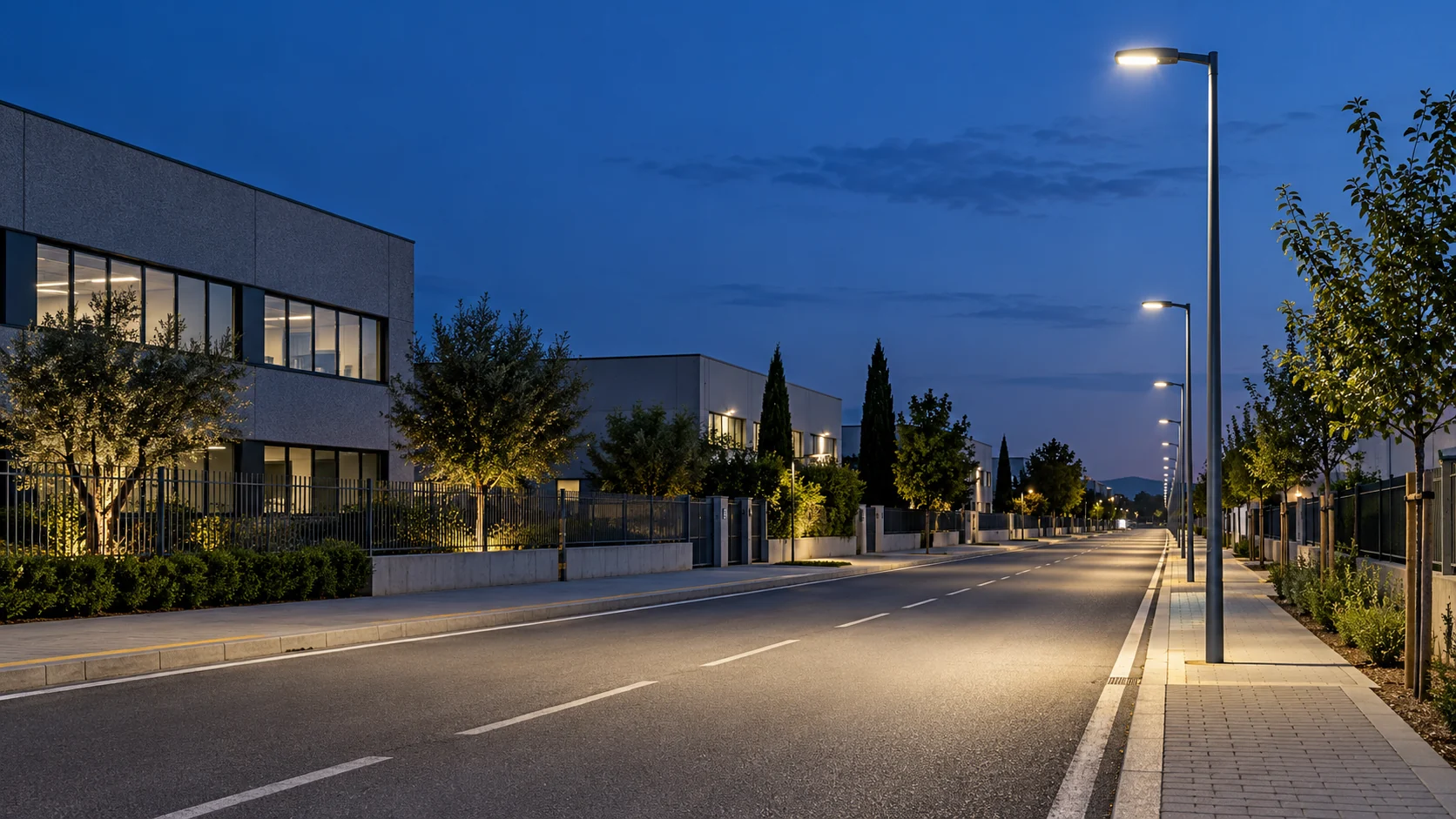 Illustrazione di una strada con armature LED su pali laterali al crepuscolo