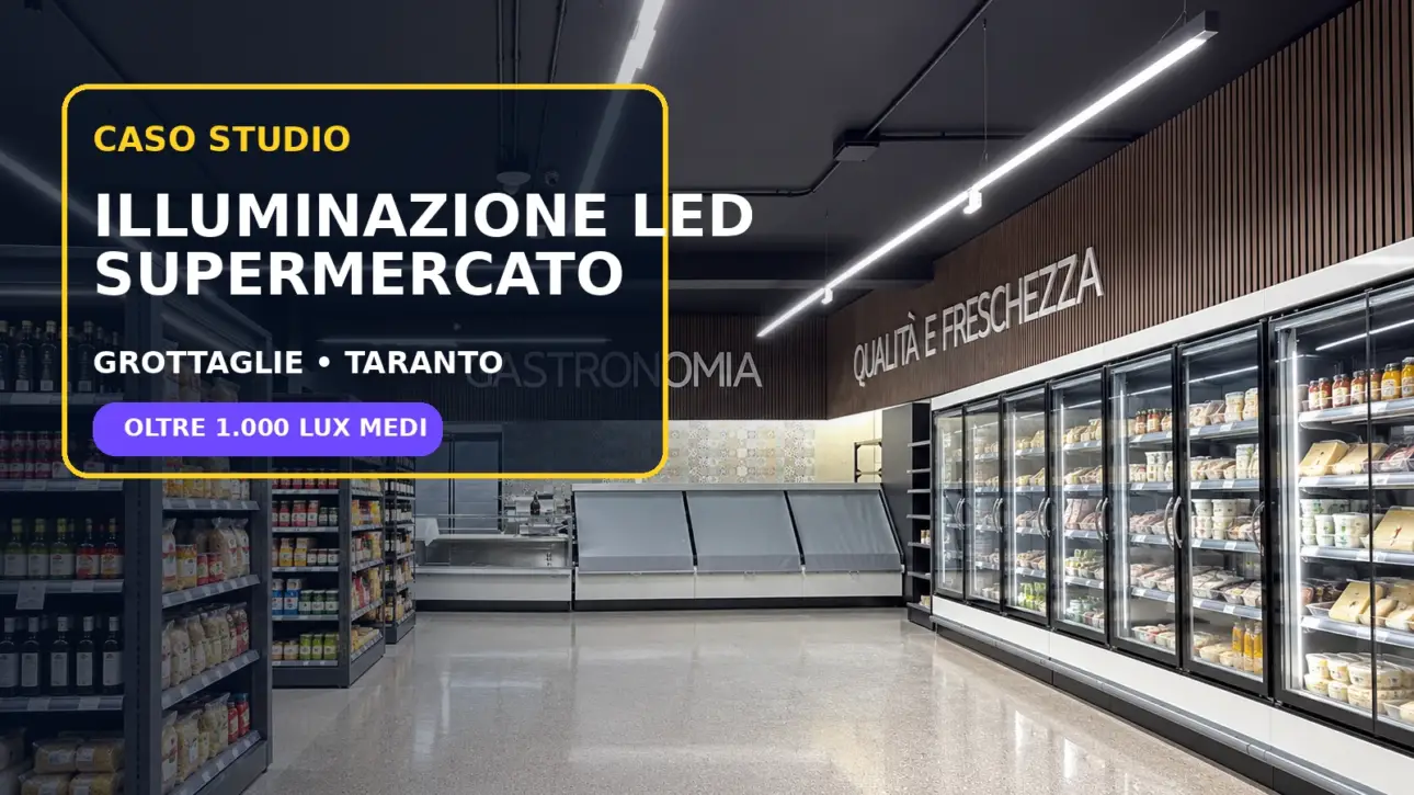 Caso studio supermercato a Grottaglie con plafoniere LED TEDUA Made in Italy e oltre 1000 lux medi