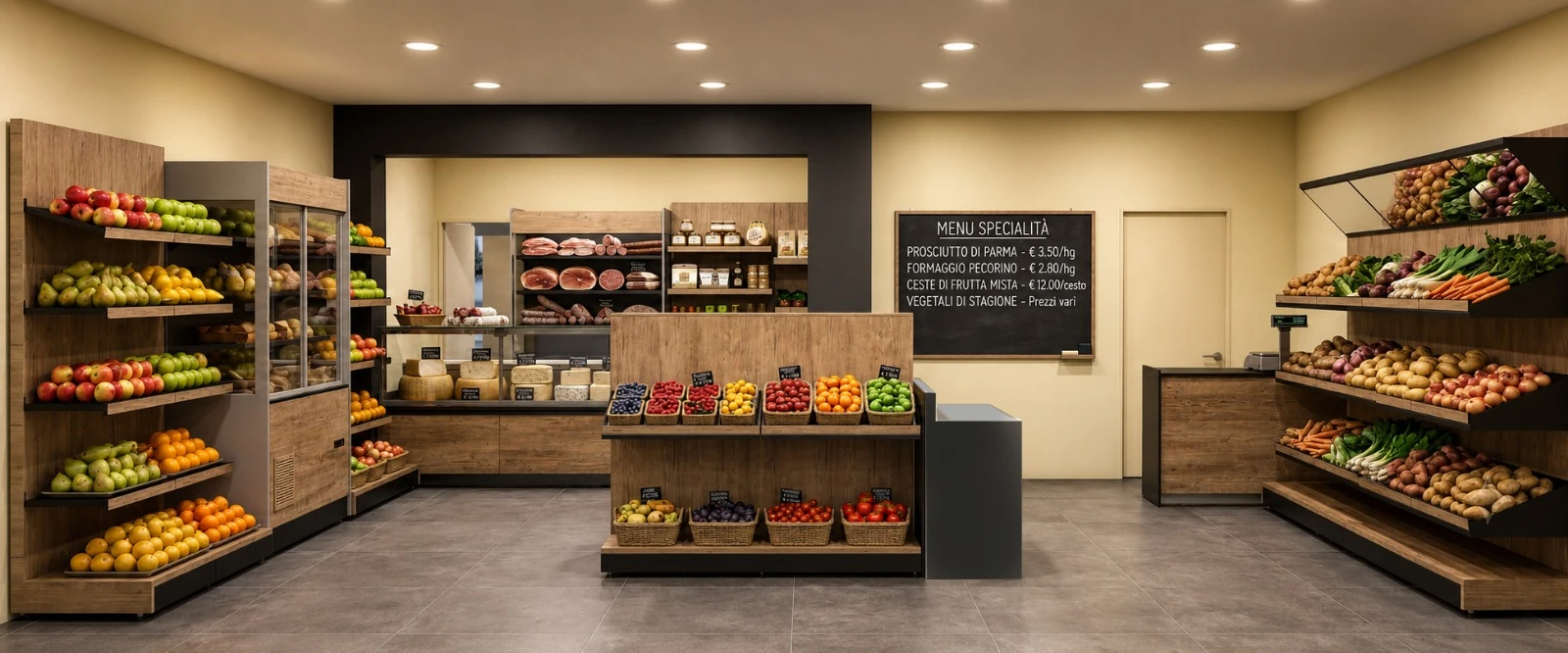 Rendering iniziale del negozio di frutta con illuminazione LED uniforme e piatta